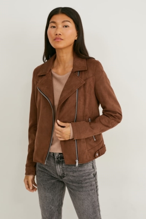 C&A Biker Faux Suede Jassen Dames Bruin | 2467IDFJG