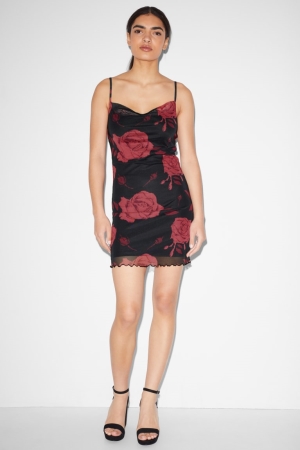 C&A Clockhouse Bodycon Floral Jurken Dames Zwart | 3806CIPNS