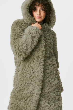 C&A Faux Fur With Hood Jassen Dames Donkergroen | 1356HSGEB