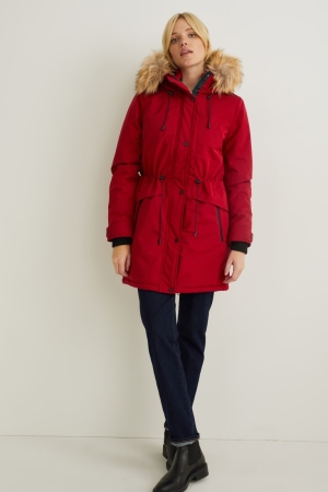 C&A Parka With Hood And Faux Fur Trim Winter Jassen Dames Rood | 0416UGEIY