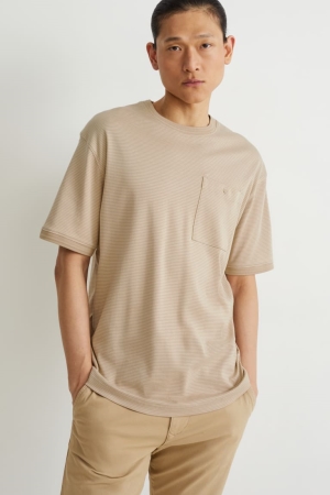 C&A Pima Katoenen Gestreept T-shirts Heren Beige | 5248WLDUC