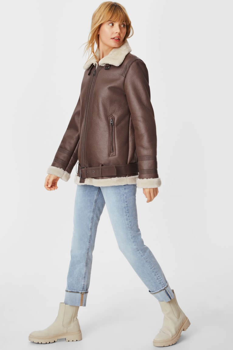 C&A Biker With Faux Fur Trim Gevoerde Faux Leren Jassen Dames Donkerbruin | 8450MYEFO