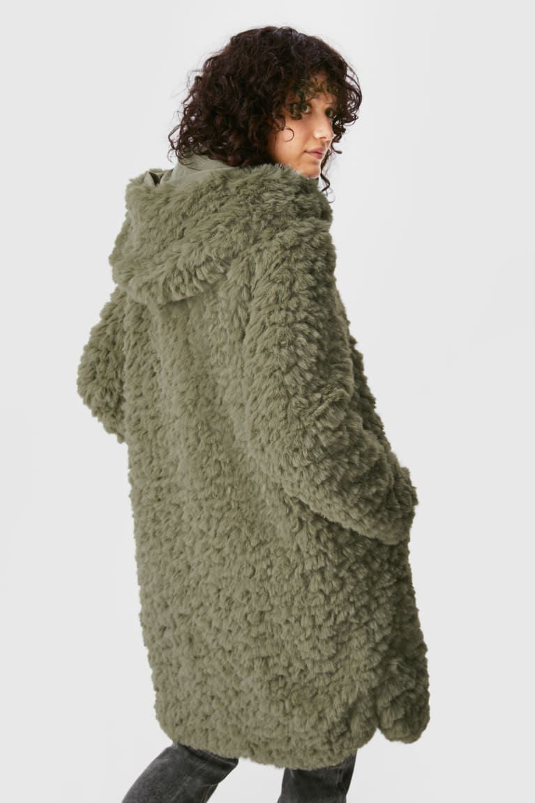 C&A Faux Fur With Hood Jassen Dames Donkergroen | 1356HSGEB