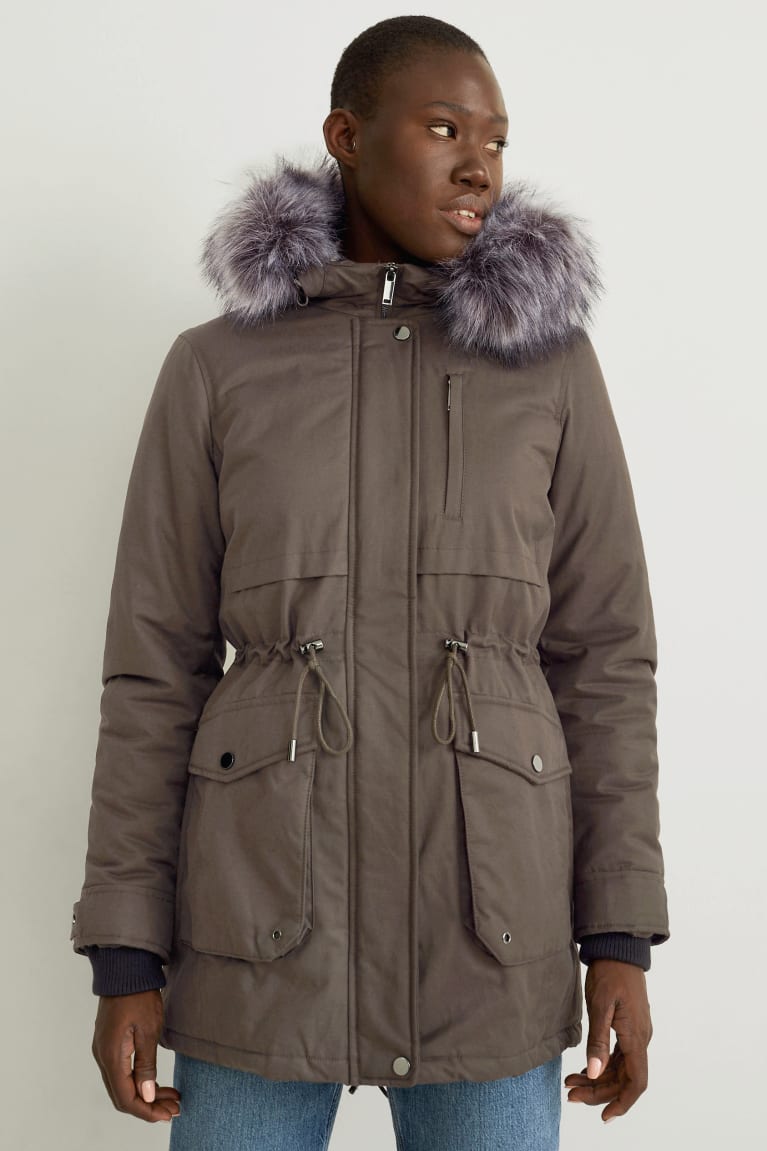 C&A Parka With Hood And Faux Fur Trim Winter Jassen Dames Donkergroen | 5438FQPJA