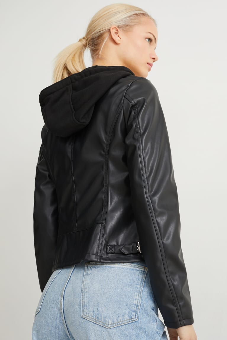 C&A With Hood Faux Leren Jassen Dames Zwart | 1846OAZDL